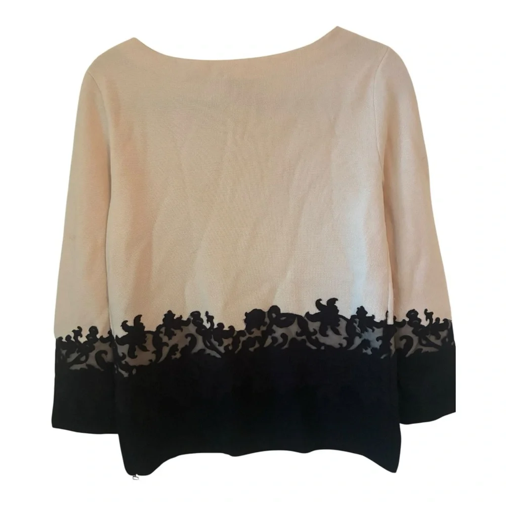Tory Burch Dixie Cream and Black 💯 Merino Wool Sweater with Lace Detail Size SP